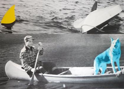 Click to enlarge Man, Dog (Blue), Canoe/Shark Fins (One Yellow), Capsized Boat